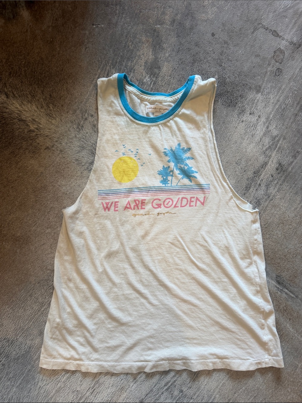 Spiritual Gangster White Tank with Blue Trim and Yellow Palm Graphic